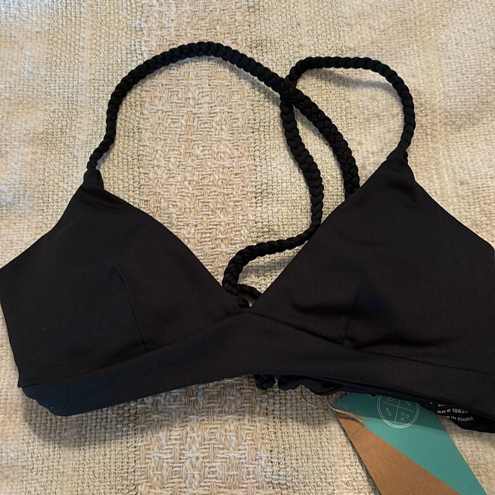 NWT Sandcloud black bikini top lace up tie back braided straps bikini top